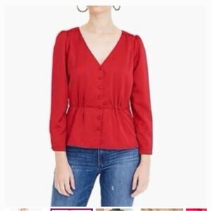 J. Crew  Women’s Red Satin Button Front Peplum Blouse Size 2